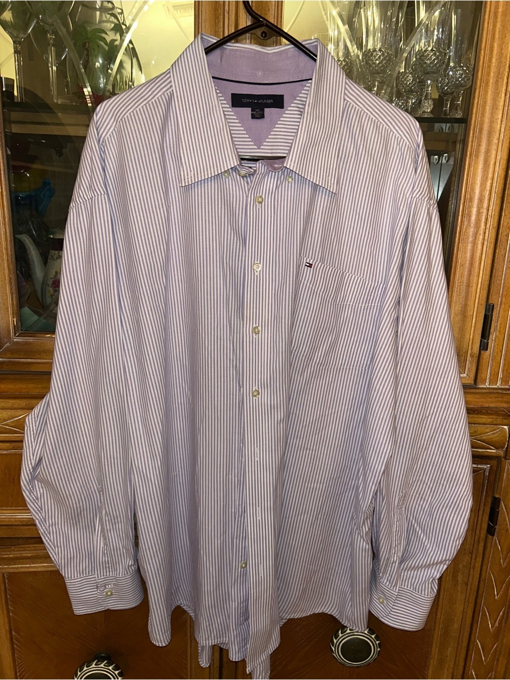 Tommy Hilfiger Men’s White Shirt with Thin Blue Stripes